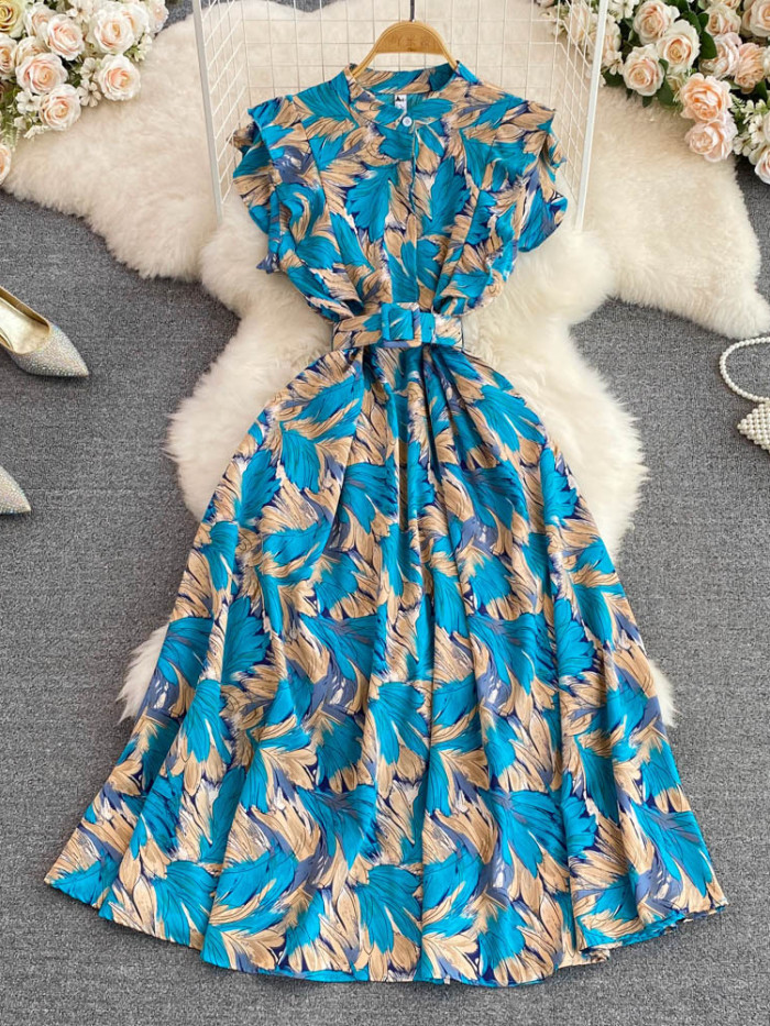 Women Summer Stand Collar Print Elegant High Waist Fashion Party  Maxi Dress