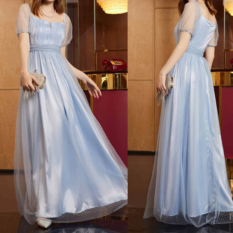 Women's Blue Tulle Card Polka Dot Print Prom Elegant Formal Party Wedding Guest Dress