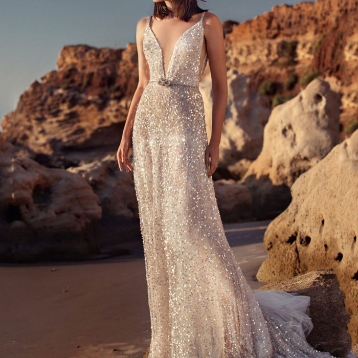 Women's Sequin Fashion V Neck Summer Vintage Solid Color Slim Elegant Wedding Guest Dress