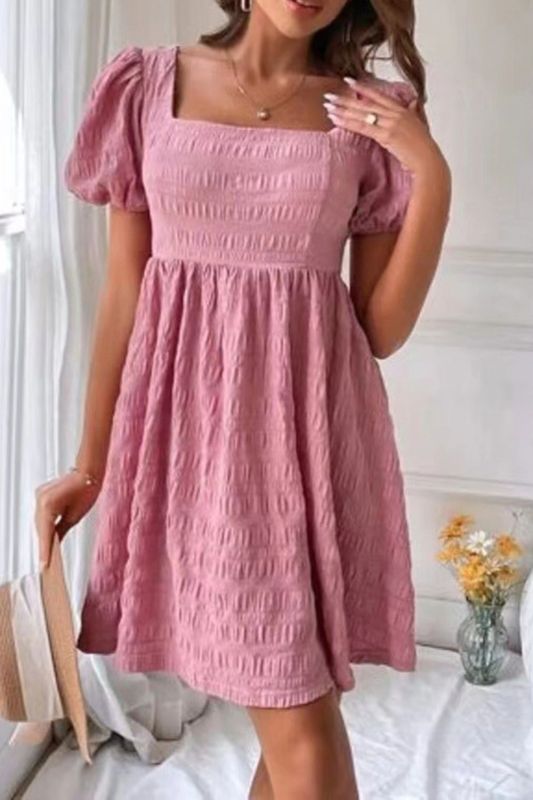 Women's Summer Puff Sleeve Square Neck Solid Color Casual Elegant A-Line Mini Dress