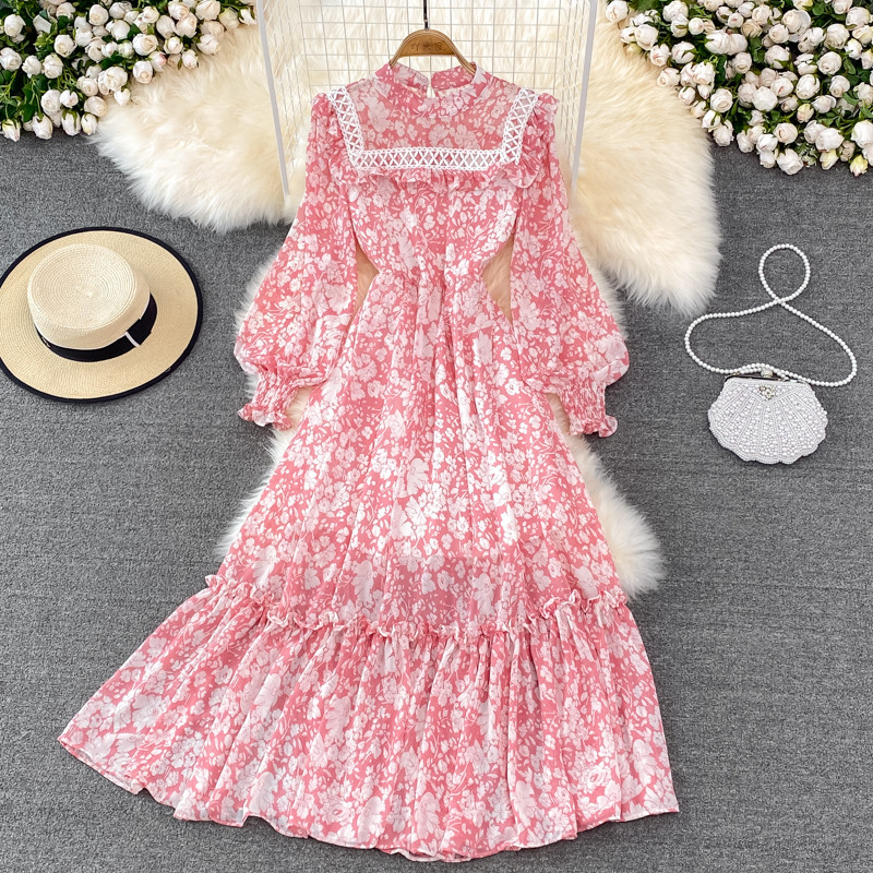 Women's Fashion Stand Collar Long Sleeves Slim Stitching Floral  Maxi Dress