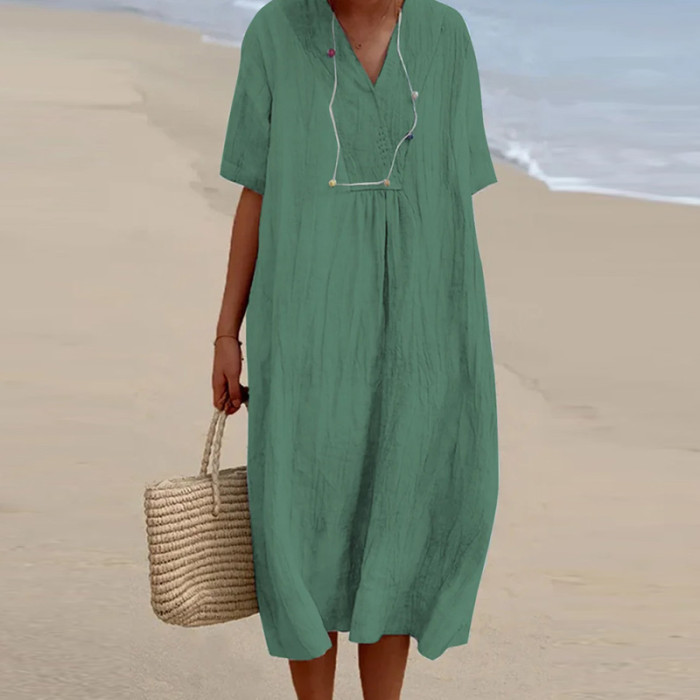 Women's Fashion V Neck Solid Color Loose Beach Cotton Linen Casual Dress