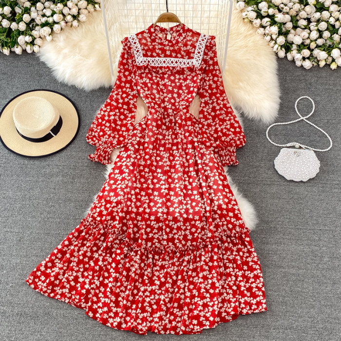 Women's Fashion Stand Collar Long Sleeves Slim Stitching Floral  Maxi Dress