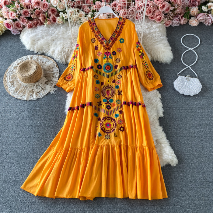 Vintage Chic Women's Floral Embroidery V Neck Cotton Linen Boho Maxi Dress