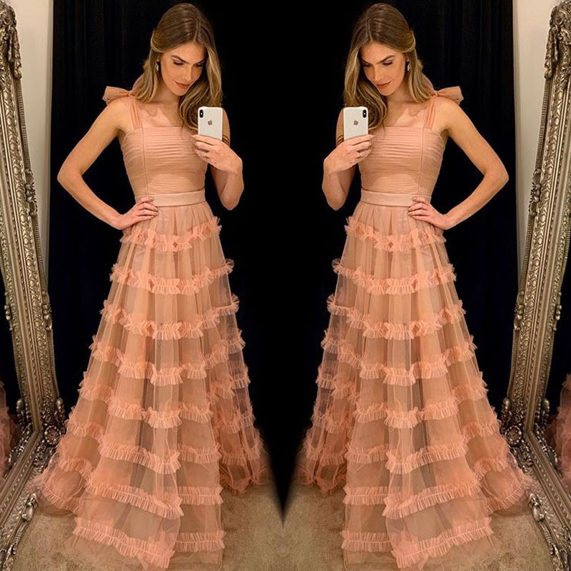 Elegant Tiers Sleeveless Long Formal Evening Wedding Guest Dress