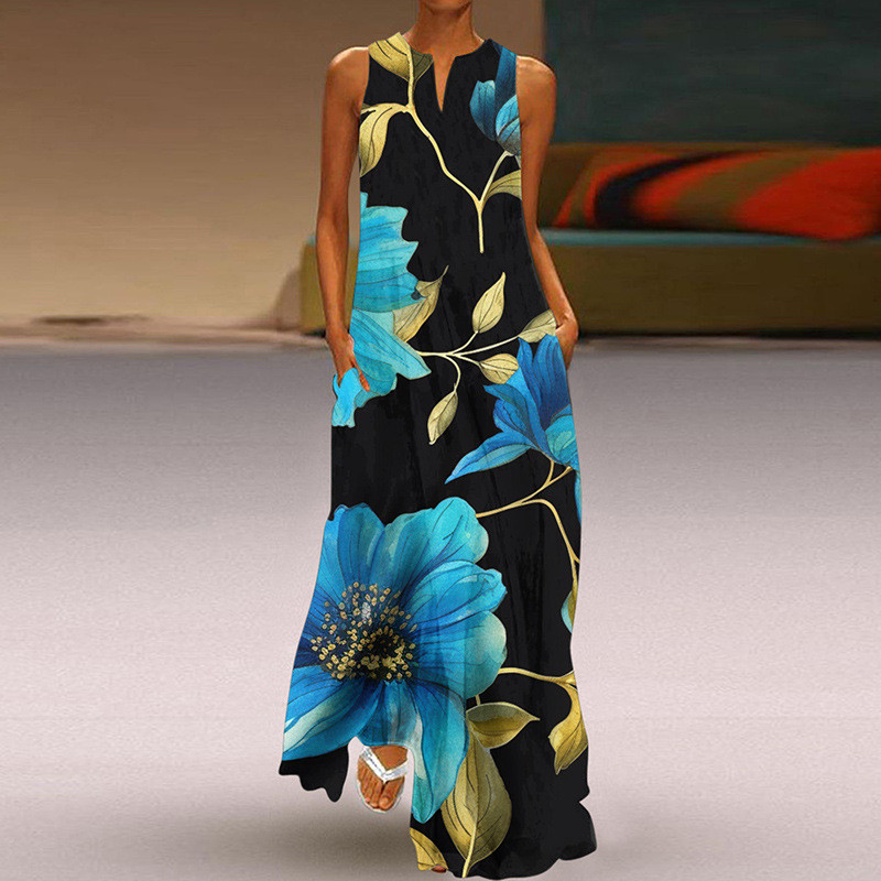 Summer Women Fashion Elegant Sleeveless V Neck Print Sexy Maxi Dress