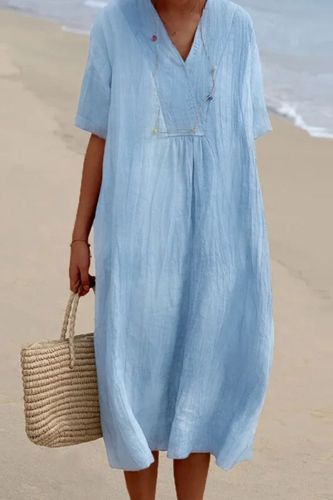 Women's Fashion V Neck Solid Color Loose Beach Cotton Linen Casual Dress