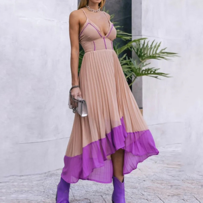 Women's Summer Fashion V Neck Slim Sleeveless Halter Pleated Irregular Maxi Dress