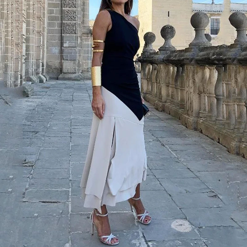 Summer Fashion Elegant Slanted Shoulder Sleeveless Slit Beach Party Maxi Dress
