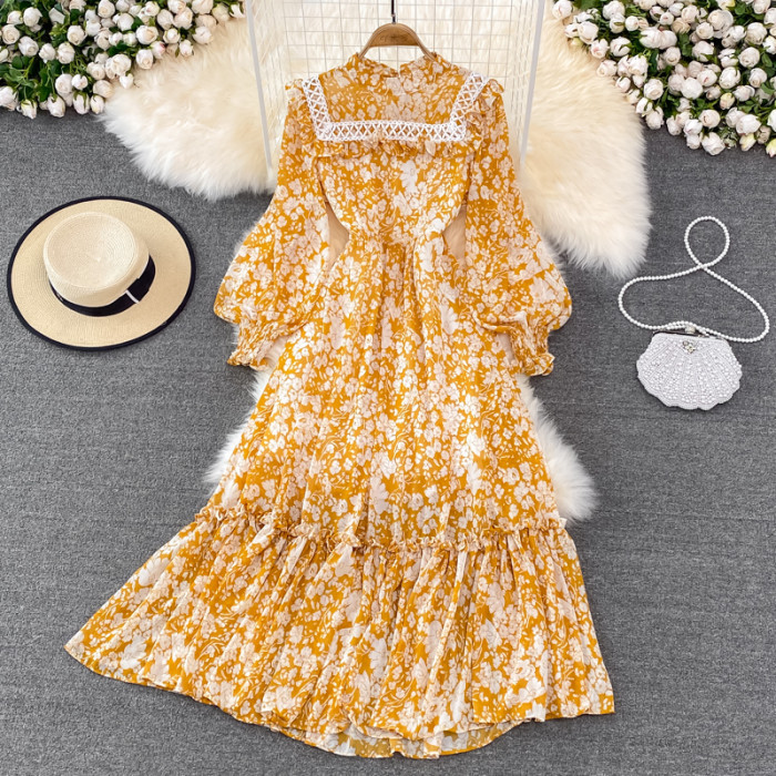 Women's Fashion Stand Collar Long Sleeves Slim Stitching Floral  Maxi Dress
