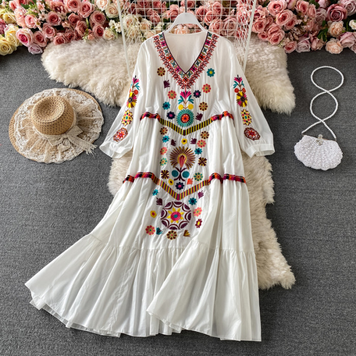 Vintage Chic Women's Floral Embroidery V Neck Cotton Linen Boho Maxi Dress