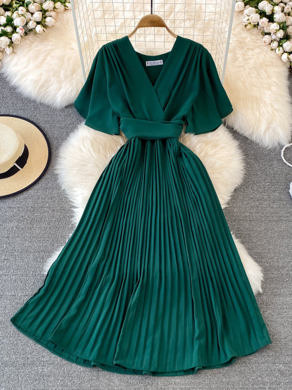 Women's Fashion Elegant Pleated Summer V Neck Vintage A-Line High Waist  Maxi Dress