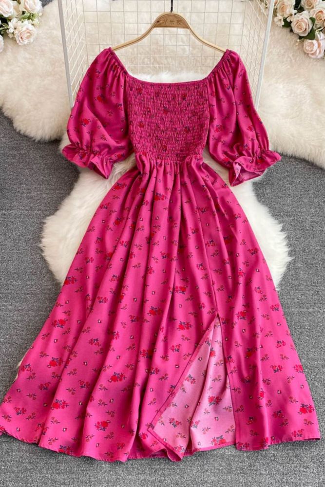 Fashion Floral Summer Square Neck Puff Sleeve Slit Slim Pleated Maxi Dress