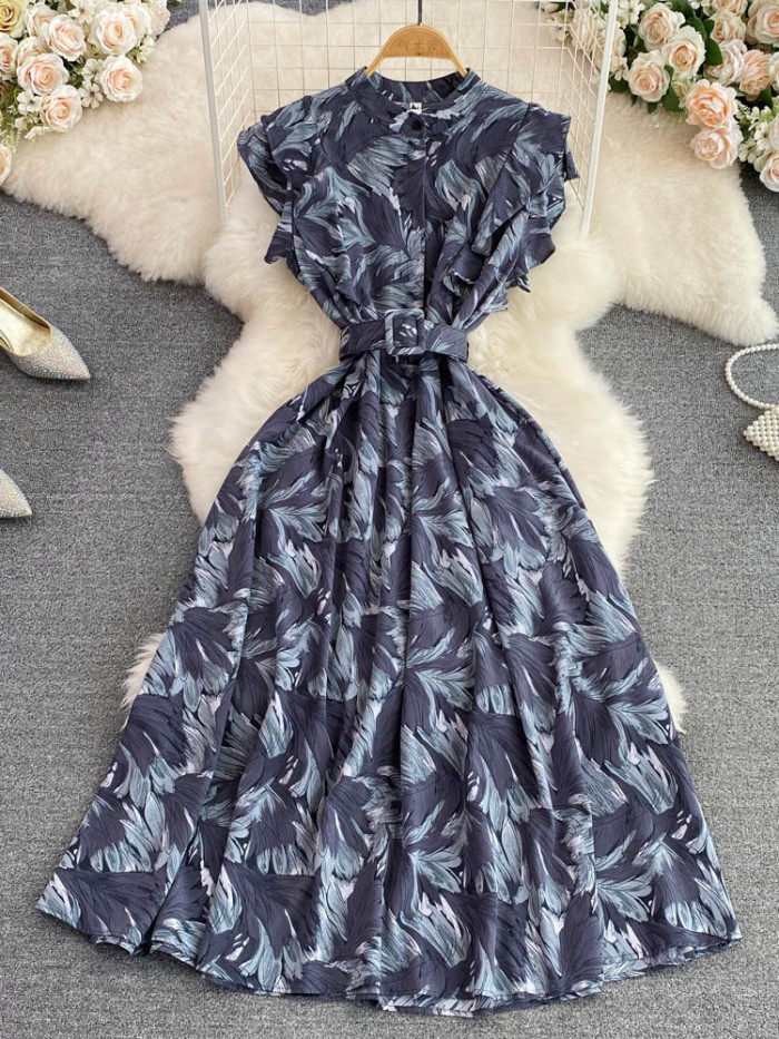 Women Summer Stand Collar Print Elegant High Waist Fashion Party  Maxi Dress