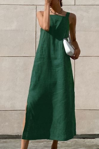 Summer Women Casual Solid Green Side Slit Spaghetti  Maxi Dress