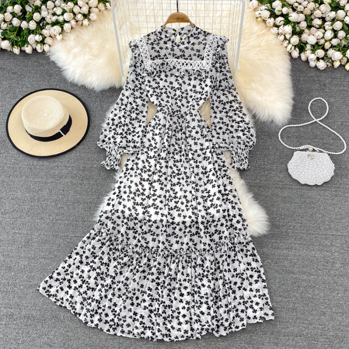Women's Fashion Stand Collar Long Sleeves Slim Stitching Floral  Maxi Dress