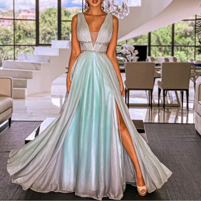 Women's Sexy V Neck Slit Fashion Party Sleeveless Wedding Guest Dress