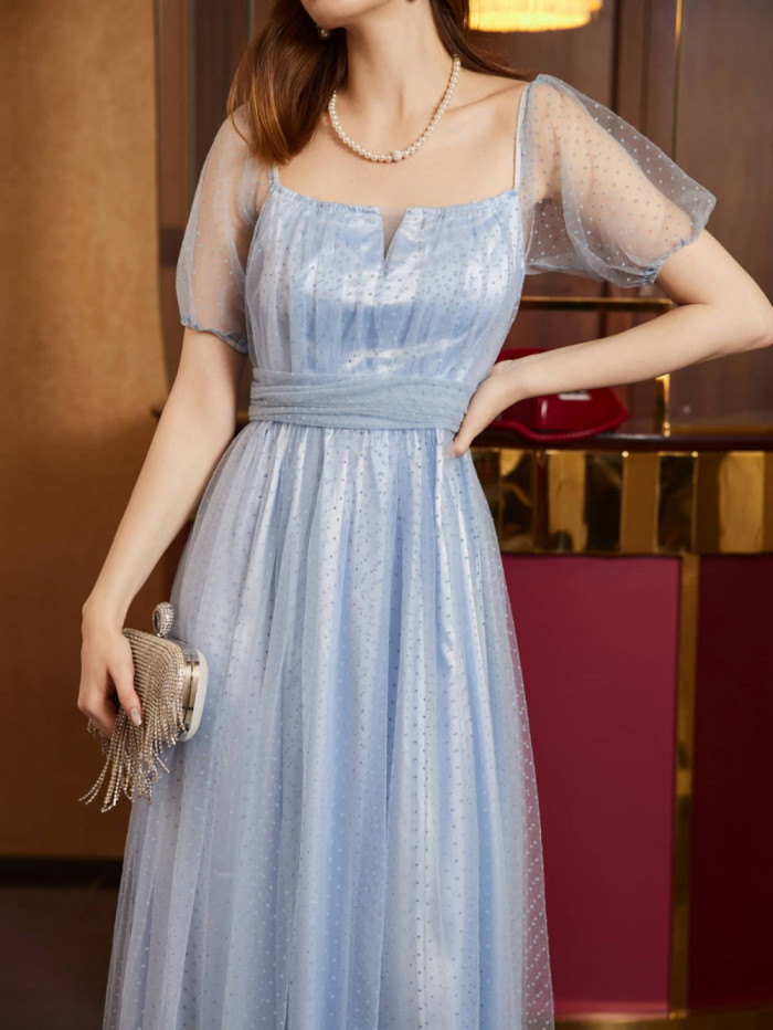 Women's Blue Tulle Card Polka Dot Print Prom Elegant Formal Party Wedding Guest Dress
