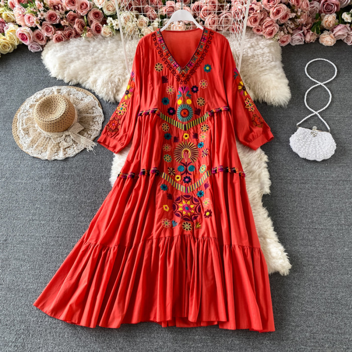 Vintage Chic Women's Floral Embroidery V Neck Cotton Linen Boho Maxi Dress