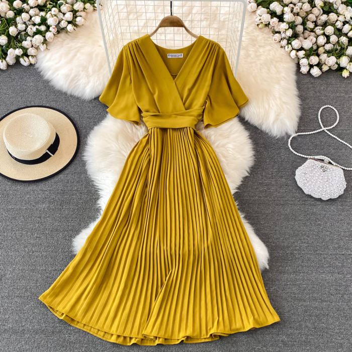 Women's Fashion Elegant Pleated Summer V Neck Vintage A-Line High Waist  Maxi Dress