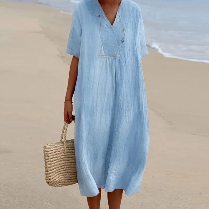 Women's Fashion V Neck Solid Color Loose Beach Cotton Linen Casual Dress
