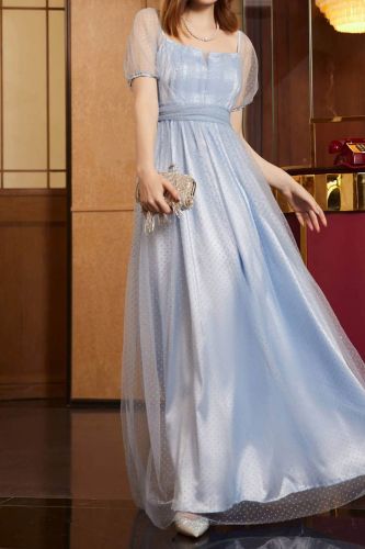 Women's Blue Tulle Card Polka Dot Print Prom Elegant Formal Party Wedding Guest Dress