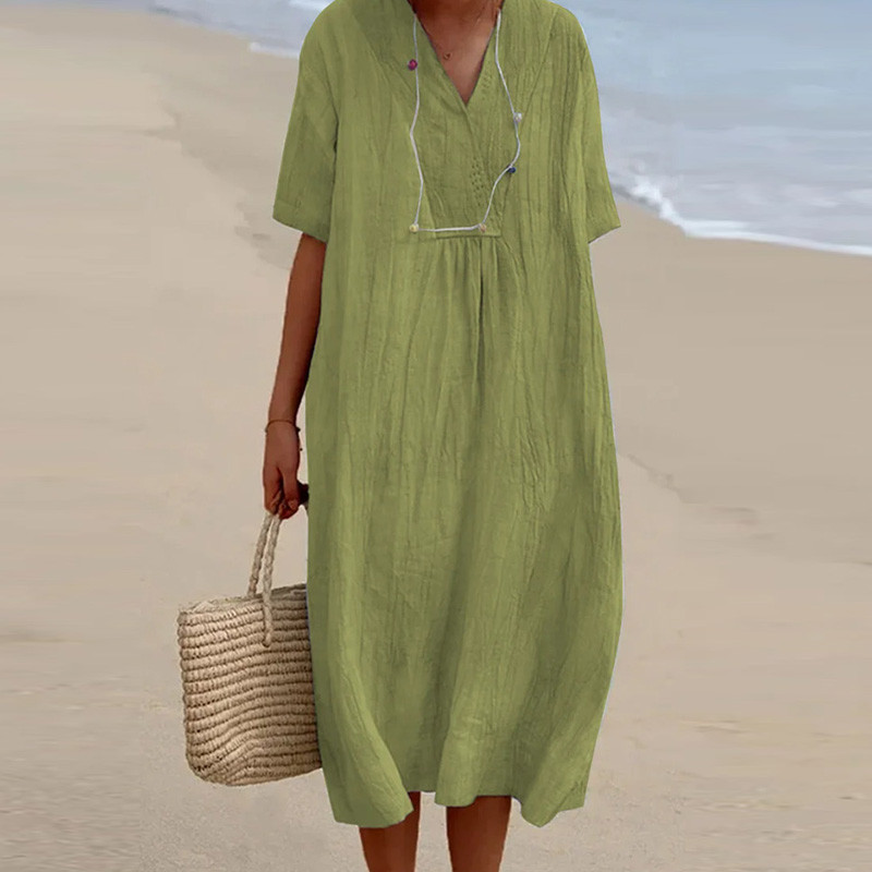 Women's Fashion V Neck Solid Color Loose Beach Cotton Linen Casual Dress