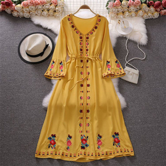 Summer Retro Fashion Elegant Embroidered V-neck A-line Holiday Swing Maxi Dress
