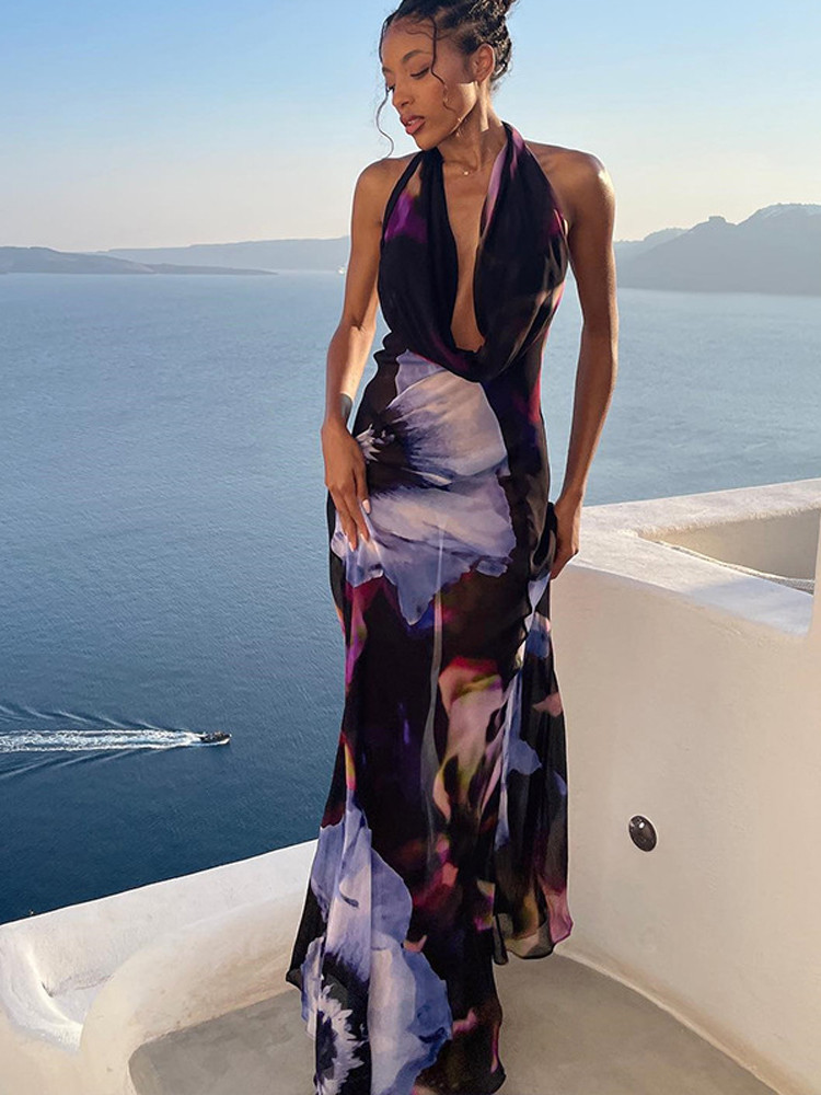 Sexy Sleeveless Backless Halter Neck Lace Up Maxi Dress main image 0