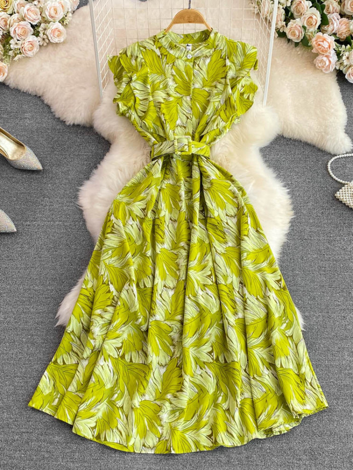 Women Summer Stand Collar Print Elegant High Waist Fashion Party  Maxi Dress