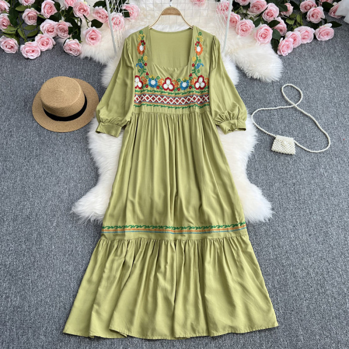 Women's Embroidered Bohemian Solid Color O-Neck Elegant Loose Maxi Dress