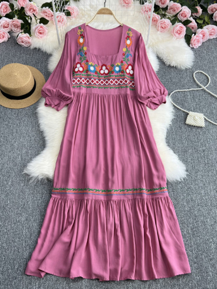 Women's Embroidered Bohemian Solid Color O-Neck Elegant Loose Maxi Dress