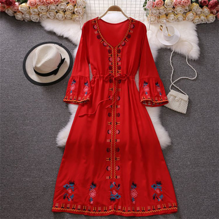 Summer Retro Fashion Elegant Embroidered V-neck A-line Holiday Swing Maxi Dress