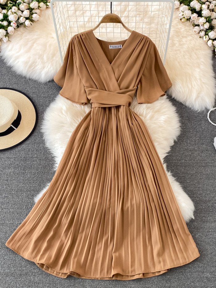 Women's Fashion Elegant Pleated Summer V Neck Vintage A-Line High Waist  Maxi Dress
