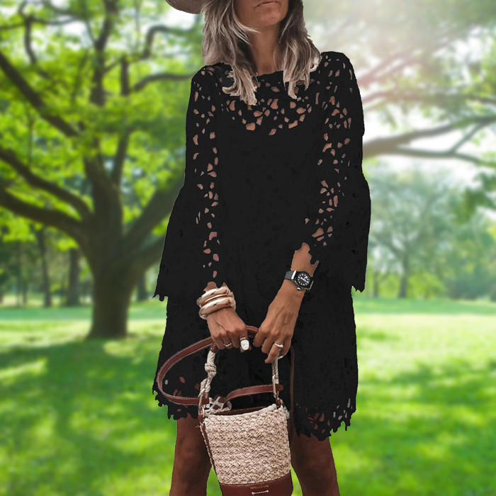 Elegant Embroidered Lace Fashion Casual Loose Solid Color O-Neck Cutout Party Dress