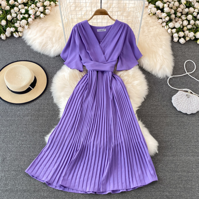 Women's Fashion Elegant Pleated Summer V Neck Vintage A-Line High Waist  Maxi Dress