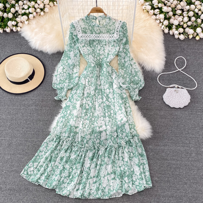 Women's Fashion Stand Collar Long Sleeves Slim Stitching Floral  Maxi Dress