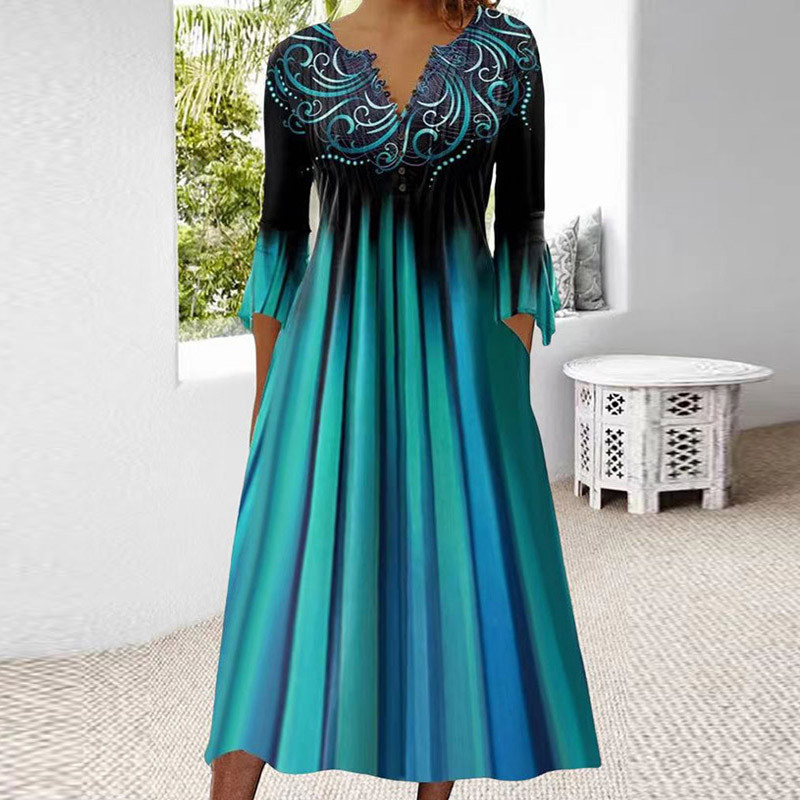 Vintage Print Fashion V Neck Button Up Elegant A Line Boho Resort  Casual Dress