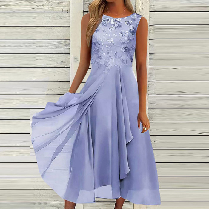 Elegant Fashion Party O Neck Lace Sleeveless Prom A Line Boho Maxi Dress