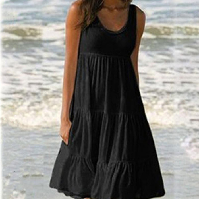 Women's Casual O-Neck Sleeveless Ruffle Boho Solid Loose Mini Dress