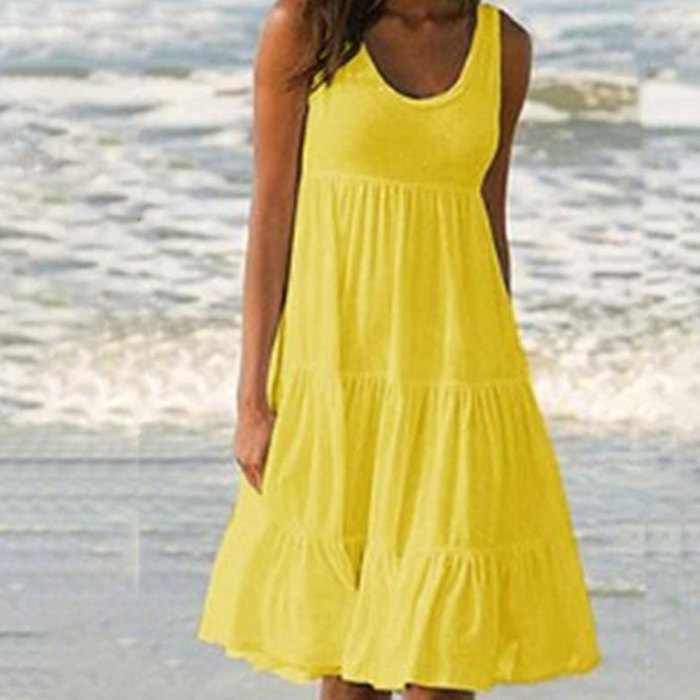 Women's Casual O-Neck Sleeveless Ruffle Boho Solid Loose Mini Dress