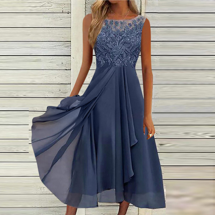 Elegant Fashion Party O Neck Lace Sleeveless Prom A Line Boho Maxi Dress