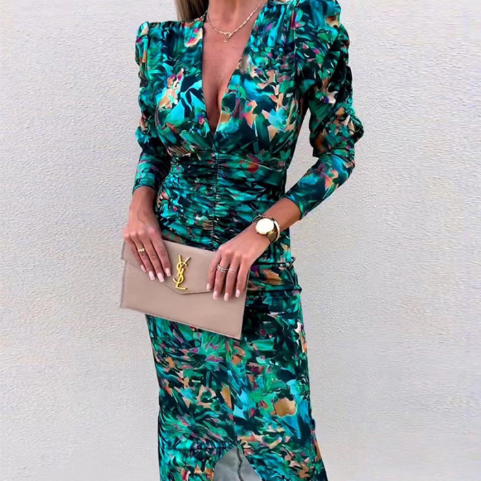 Women Fashion Print Long Sleeve V Neck Elegant Sexy Slit Maxi Dress