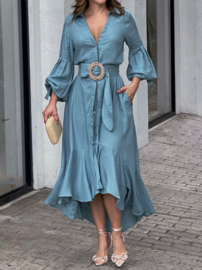 Women's Vintage Lapel Lantern Sleeve Lace-Up Blouse Elegant Chic Maxi Dress