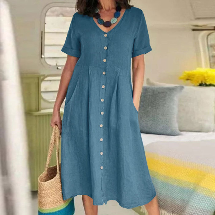 Summer Fashion Retro Cotton Linen Single Breasted Loose V-Neck  Casual Dress