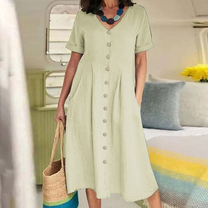 Summer Fashion Retro Cotton Linen Single Breasted Loose V-Neck  Casual Dress