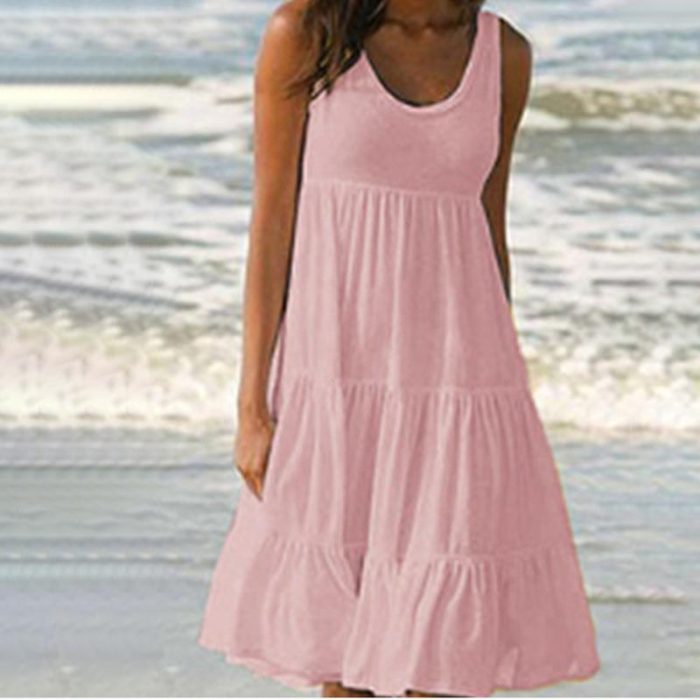 Women's Casual O-Neck Sleeveless Ruffle Boho Solid Loose Mini Dress