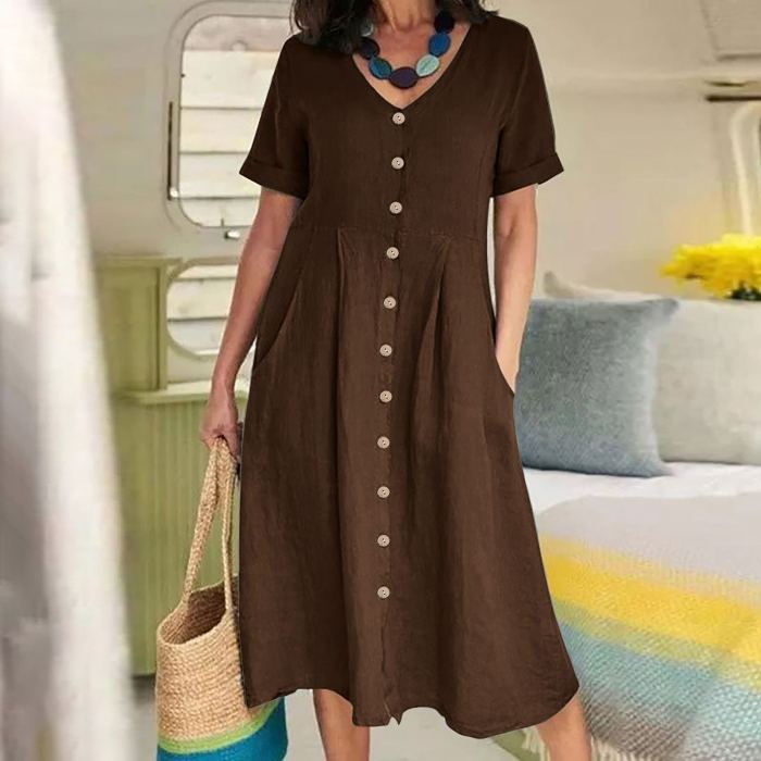 Summer Fashion Retro Cotton Linen Single Breasted Loose V-Neck  Casual Dress
