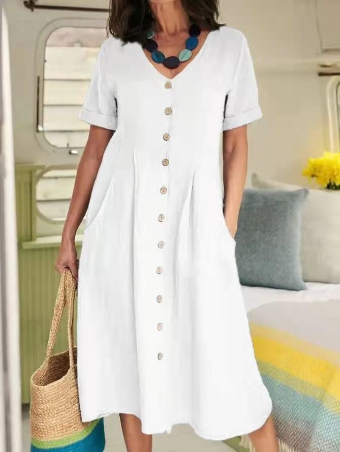 Summer Fashion Retro Cotton Linen Single Breasted Loose V-Neck  Casual Dress