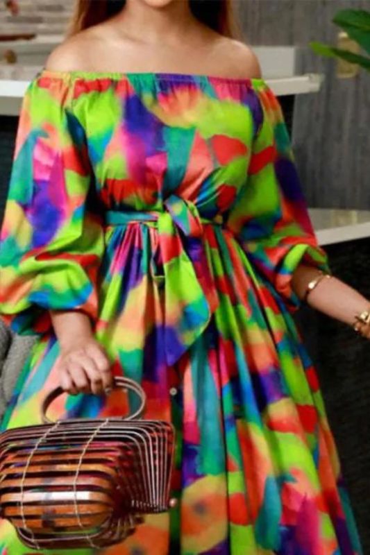 Women Fashion Elegant Plus Size Loose Tie Printed Casual  Maxi Dress